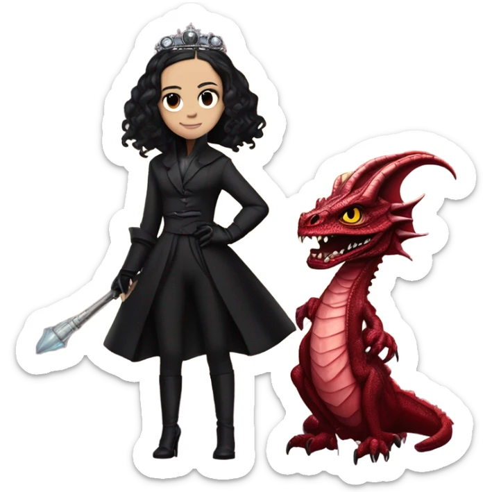 Lavish Victorian evening gown with gloves, Jenna Ortega as Addams girl Jedi wearing a mini tiara, standing next to a very large blood red evil-looking horned dragon sticker