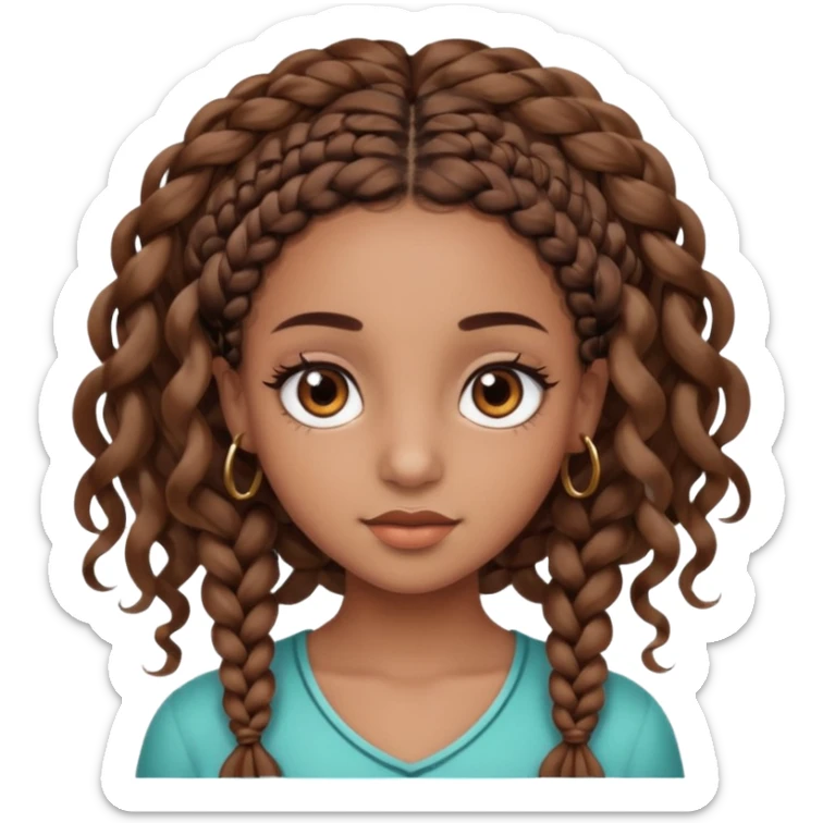 girl with thin braids with curls and brown eyes, brown skin, eyelashes, siren eyes sticker