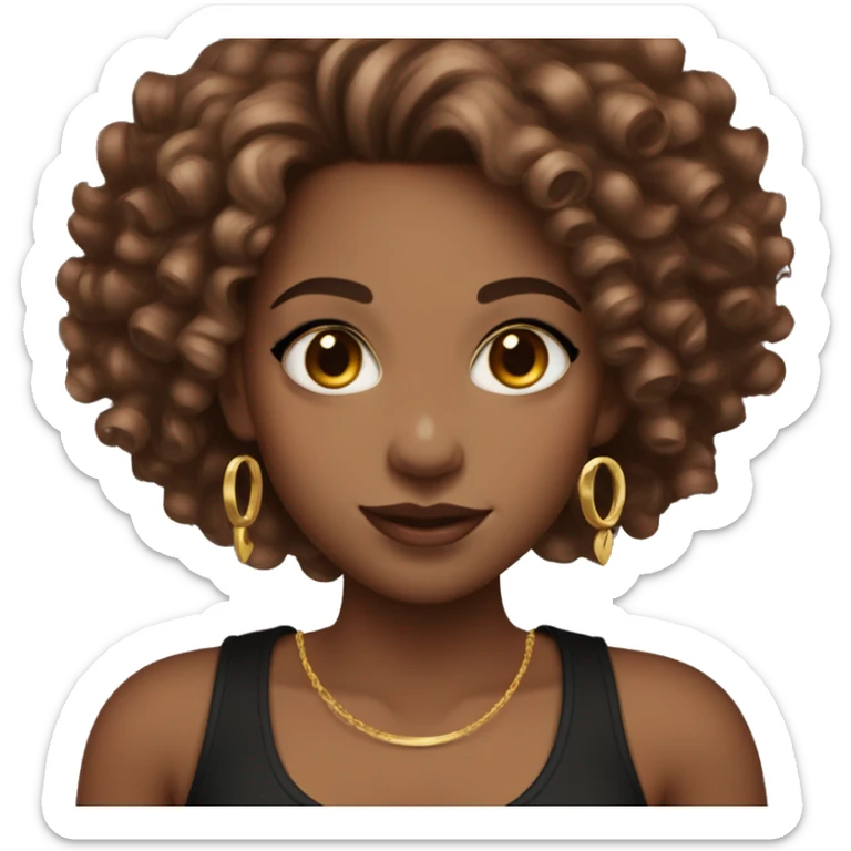 Female with curly cherry chocolate hair, burgundy eyes and light skin. She wears eyeliner and mascara, a black tank top and gold jewelry sticker