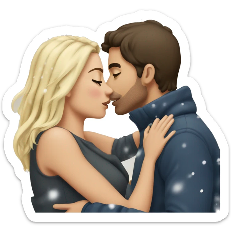 Man with dark brown hair and woman with straight blond haur kissing in the snow sticker