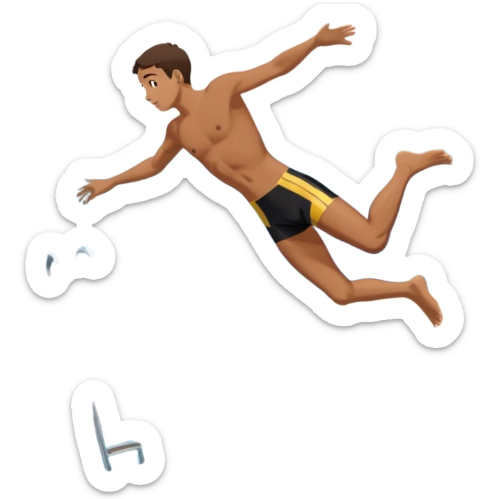 A person mid-air after jumping off a diving board, body slightly tense but moving forward. Below them, a pool labeled "Confidence", with ripples forming. A subtle 5-4-3-2-1 on the diving board shows they took the leap despite fear. sticker