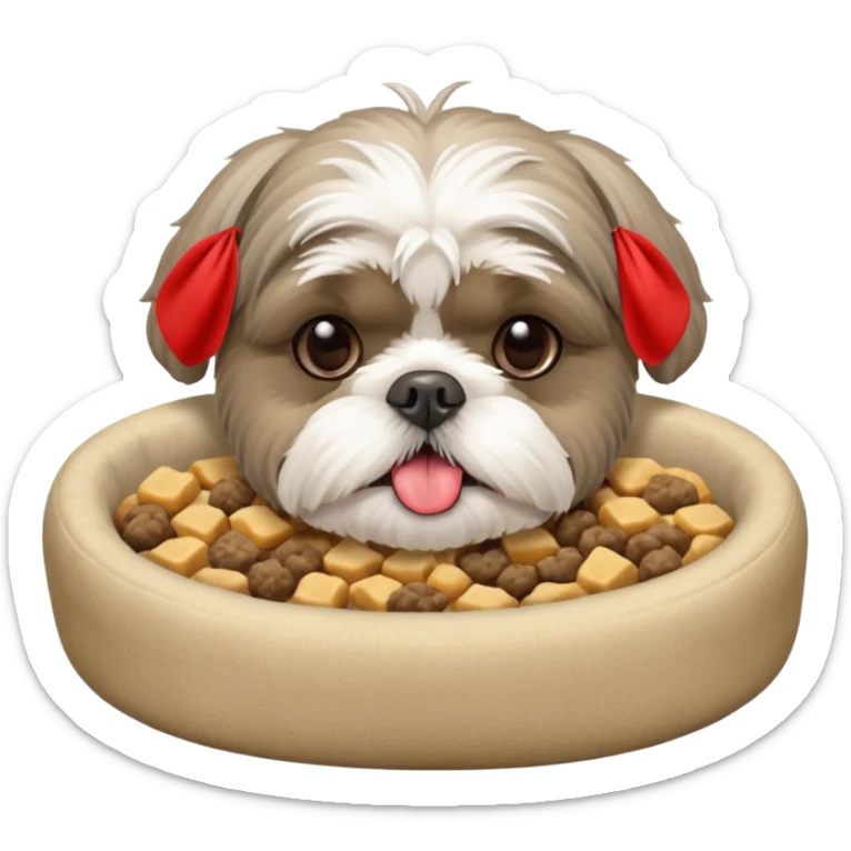 old ALL grey shih tzu in dog bed tongue hanging out bowl of food in front sticker