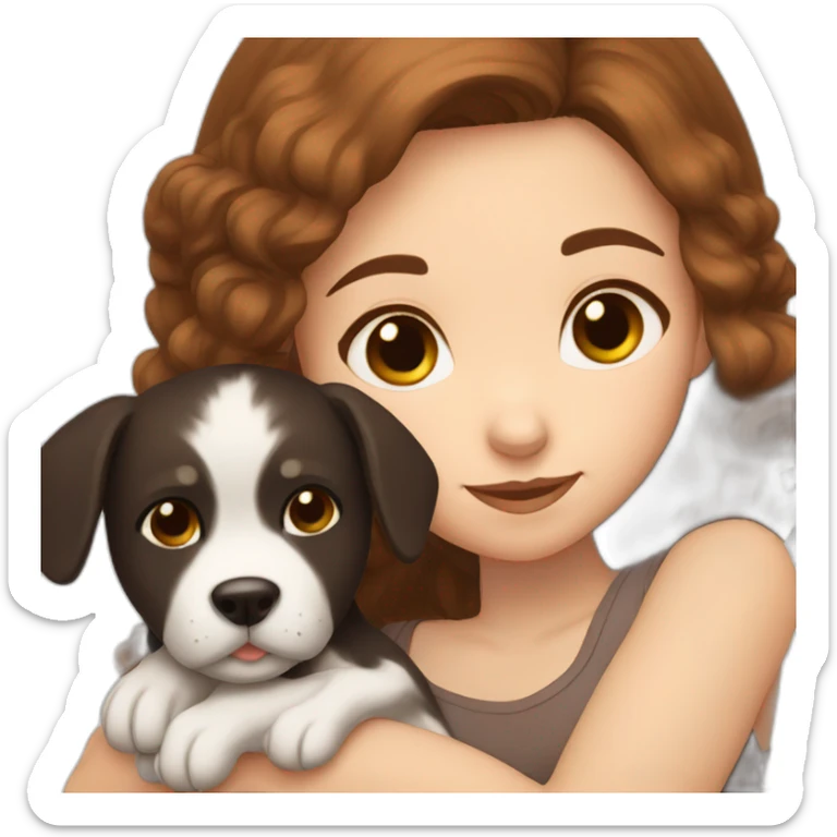 brown hair girl cuddling a brown black white dog sticker