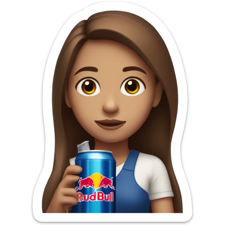 Girl with blue eyes and long brown hair holding a Red Bull drink while working sticker