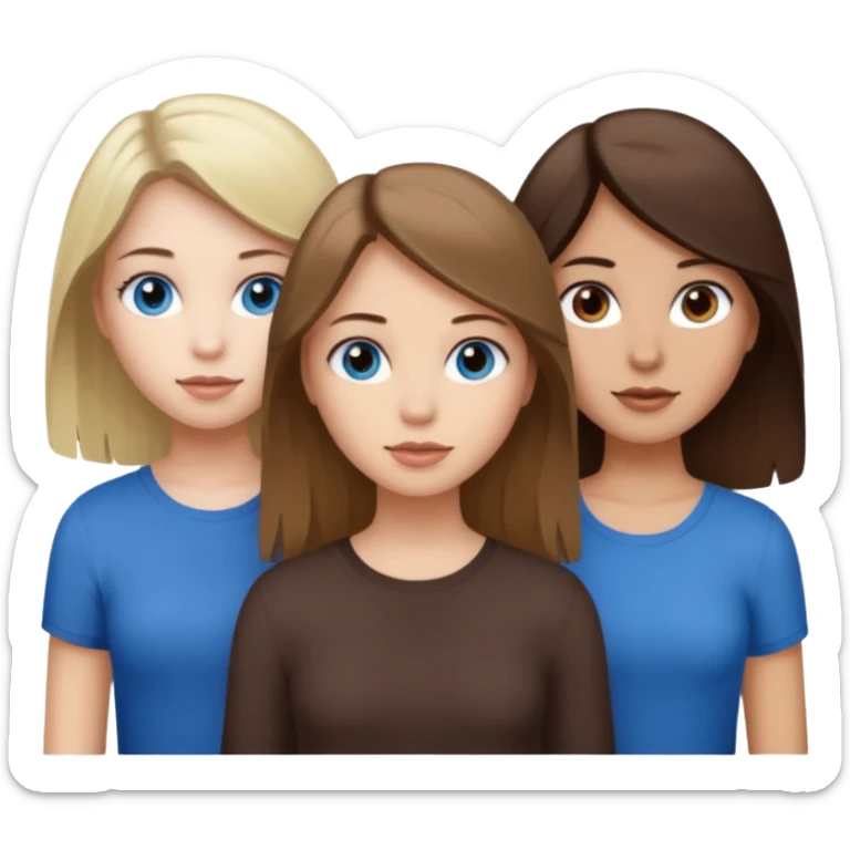 a trio of people where one girl in the back has white skin, brown hair, and brown eyes; another girl in the back has white skin, dirty blonde hair, and blue eyes; and the girl in the front has tan skin, dark brown hair and dark brown eyes. sticker