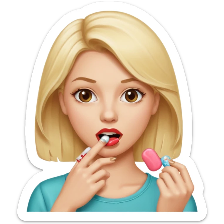 Elle fais une peu petasse, elle se mord le coin de la lèvres. Elle est blonde. Ongles vernis marrons. Elle mâche un chewing-gum  sticker