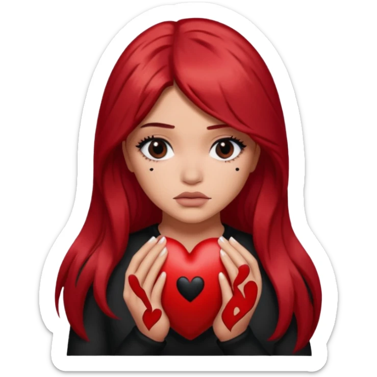A Kylie Jenner with long red hair is sad and holds a black heart in her hands sticker