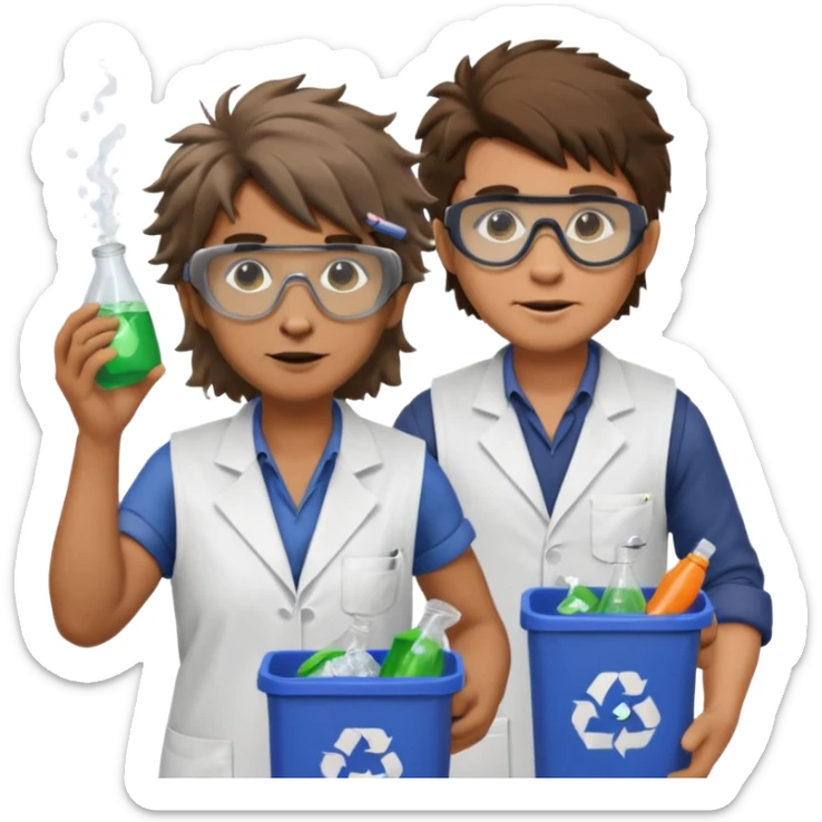 an woman otter disguised as a man picking up trash bins, next to a mad scientist sticker