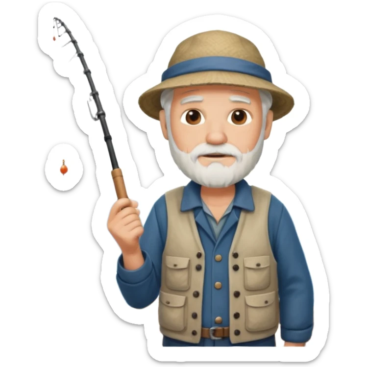 an old white haired, bearded man in fisherman attire, stood in a boat at sea, holding a fishing rod and catching fish with it. sticker