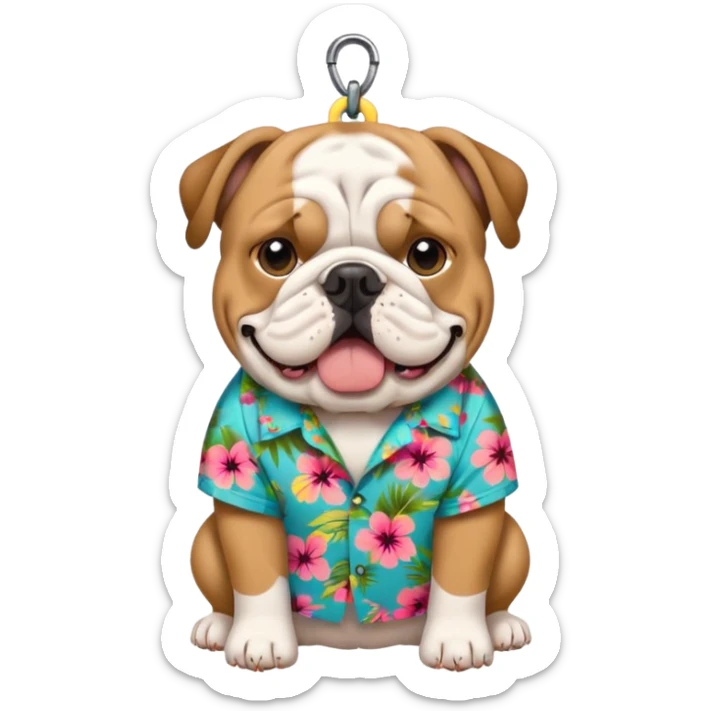 english bulldog in a floral Hawaiian shirt, dog tag labeled 'chompers', emoji style sticker