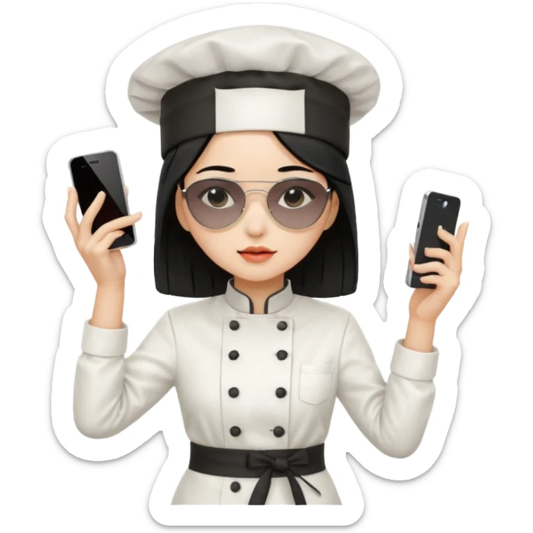 A sad woman with light skin, straight hair, wearing a chef hat and sunglasses, dressed in K-pop fashion, is dancing while holding a phone. sticker