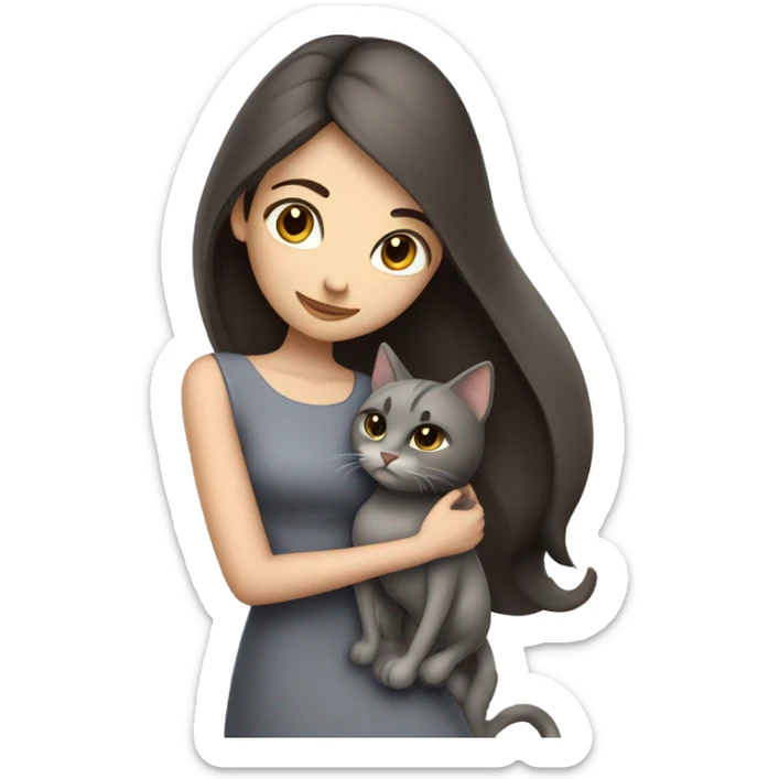 Beautiful skinny woman long dark brown hair in dress hug grey cat sticker