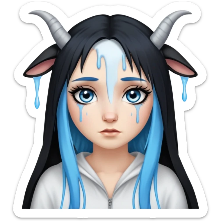 5 foot 7 inches-White female-big tears dripping-gorgeous face-very very long eyelashes-sky blue eyes with black eyeliner-very very long straight black to sky blue hair ombre-dressed as a goat sticker