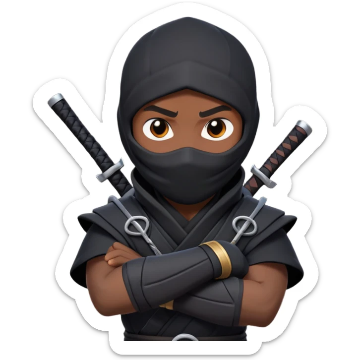 clash-of-clans-aesthetic_-cinematic-mysterious-male-ninja-portrait-emoji, rendered in a flat, vector-style with minimal shading and bold, simplified shapes, his arm is stretched out  with a head slightly turned revealing intense, focused eyes. the ninja has his arm out and perched on top of his forearm is  a black crow sticker