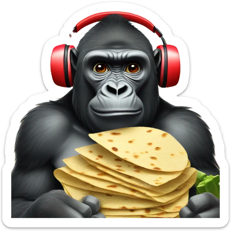 Gorilla, wearing red headphones and eating tortillas in a desert with cacti sticker