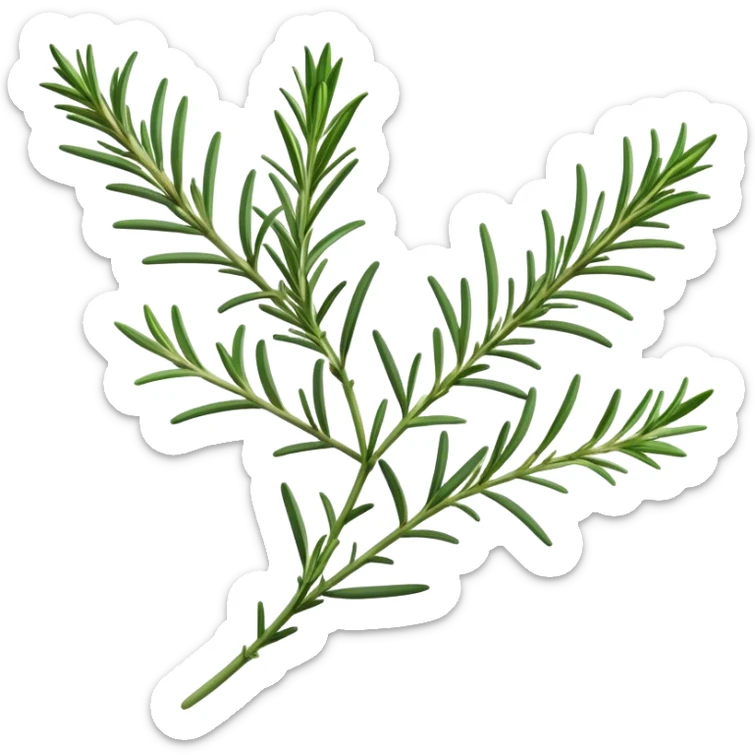 Cinematic Realistic Rosemary Emoji, Fragrant and fresh, with slender green stems covered in needle-like leaves, which release a distinctive herbal scent. The plant seems to exude energy, with soft sprigs of leaves stretching upwards. Soft glowing outline, capturing the essence of earthy healing and aromatic delight in a sprig of rosemary! sticker