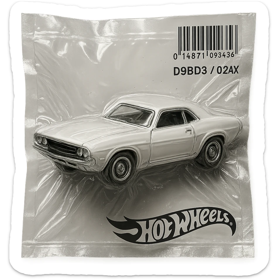 white 1971 Dodge Challenger Hot Wheels toy car, shiny and inflated, inspired by the movie 'Death Proof' sticker