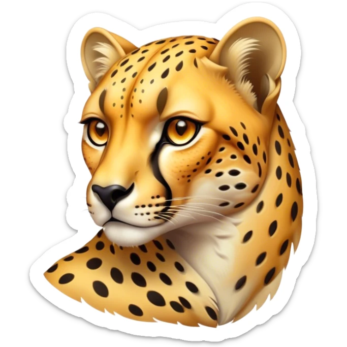 Cinematic Noble Cheetah Portrait Emoji, Poised and regal, with a lean, muscular build and a sleek, spotted Fur of golden hues, deep-set soulful amber eyes, Simplified yet sharp and sophisticated features, highly detailed, glowing with a warm, dignified glow, high shine, intelligent and swift, stylized with an air of wild elegance, focused and attentive, soft glowing outline, capturing the essence of a watchful and confident predator, so majestic it feels as though it could sprint out of the screen with effortless authority! sticker