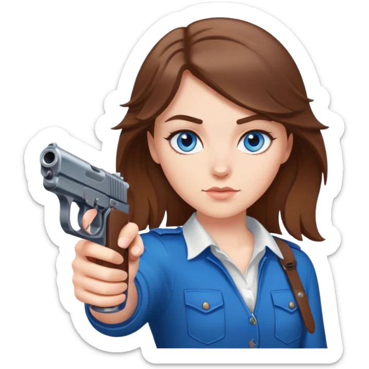 White girl brown hair blue eyes holding gun at you sticker