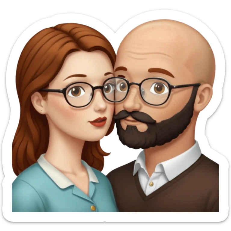 Couple. Bald man with dark brown-black beard. White woman with many small, faded freckles, she has white skin and she has auburn-brown-cinnamon, dark long hair. She has light brown eyes. The man have hazel eyes and glasses. She don’t wear glasses. Retro style. She kisses him. sticker
