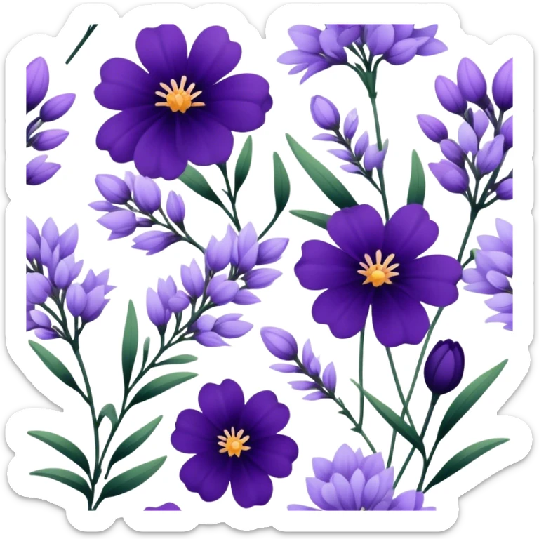 "A collection of dark violet and light lavender flowers in a botanical style."
 sticker
