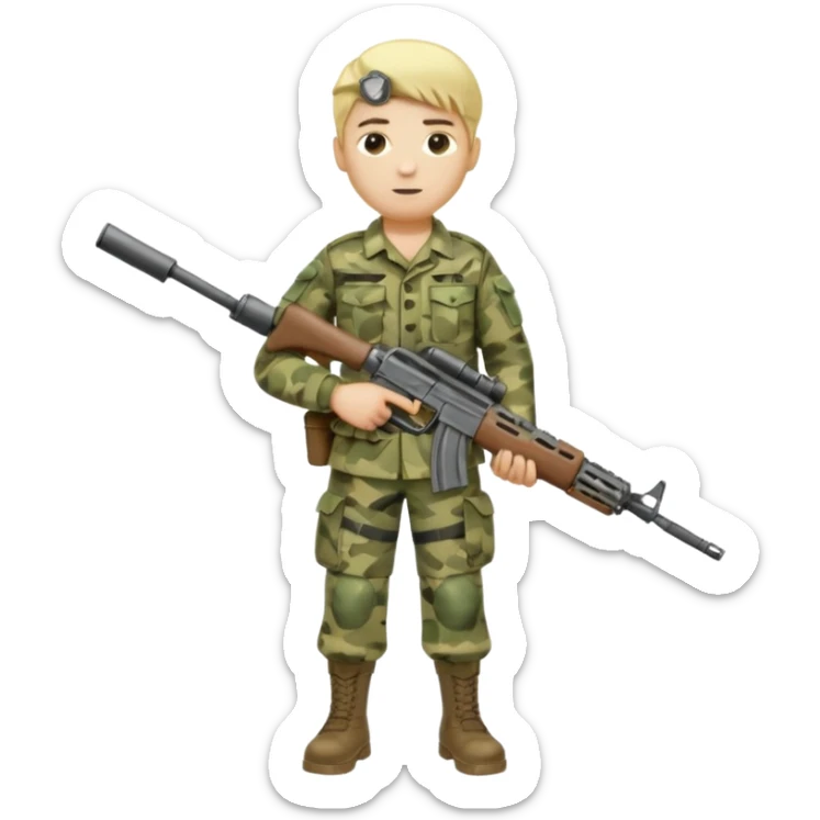 Full body of a Blonde army man holding service weapon and wearing camo uniform  sticker
