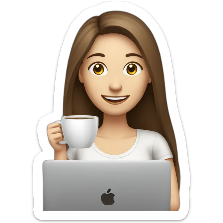 smiling woman with middle brown straight long hair and pale skin behind a laptop enjoying sipping coffee from a mug sticker