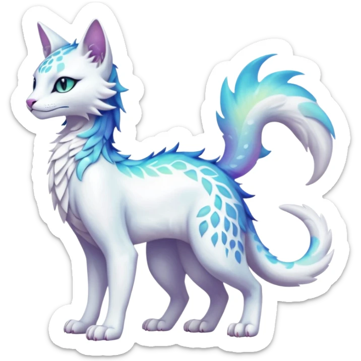 Kawaii white iridescent beautiful pretty elegant divine edgy fantasy feline-vernid-fionbri-sergal-fursona animal creature with a tufted tail full body with intricate markings  sticker