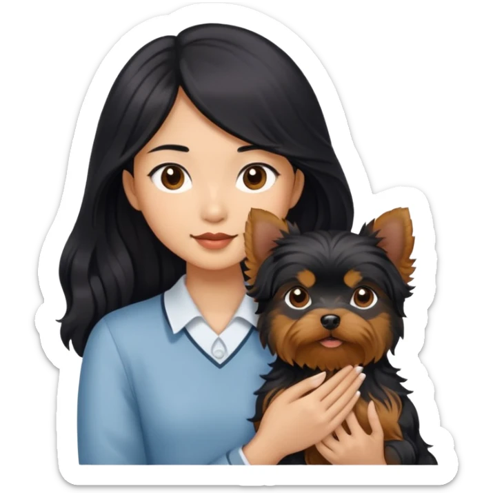 A couple holding a small Yorkshire Terrier together. The girl is Asian with long, luscious wavy black hair (loose, no hair tie). She is standing beside a brown-skinned man with a short middle part haircut sticker