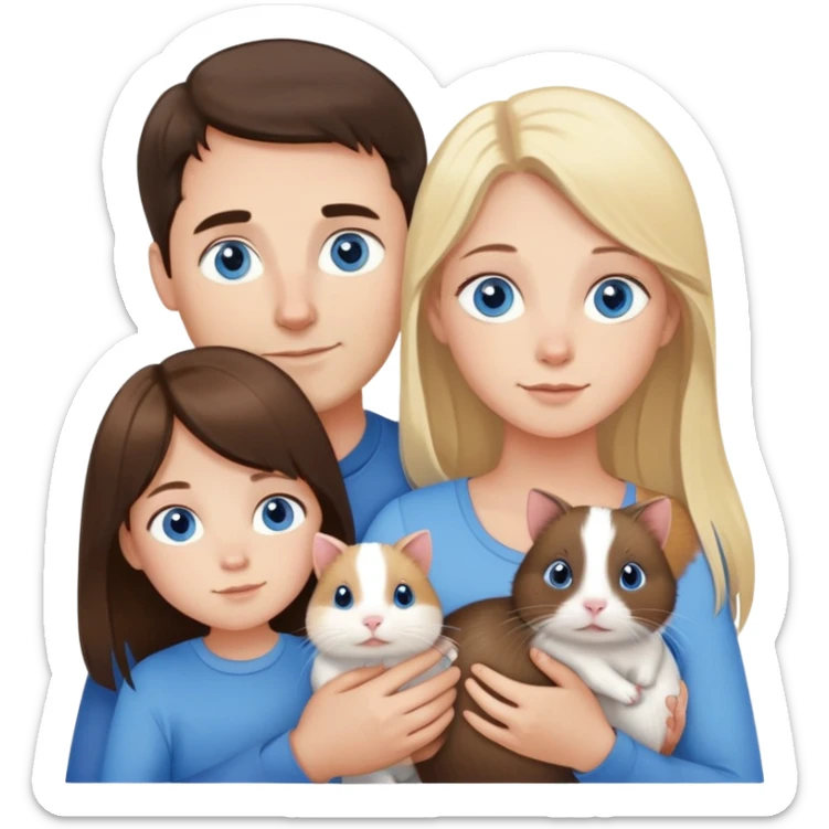 Family portrait with father with dark brown hair and blue eyes, mother with light brown hair and blue eyes, three blonde little girls with blue eyes, plus a cat and two guinea pigs sticker