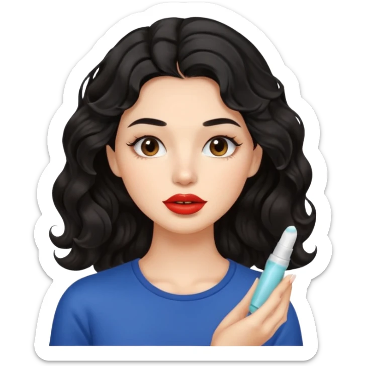A gorgeous with black wavy hair women applying cute thin lipbalm on her brown lips sticker