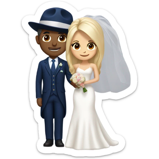 Puerto rican beard short hair with blue hat and navy blue suit getting Married with blond long hair girl with white  wedding dress  sticker