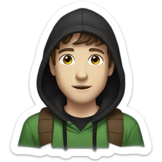 Man wearing black hoodie, black and green snapback hat, brown hair, brown eyes, pale skin, giving peace sign sticker