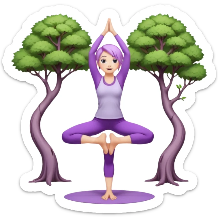 Девушка белокожая, со светло-фиолетовыми волосами, в одежде для йоги, стоит в позе дерева, с правильными пропорциями sticker