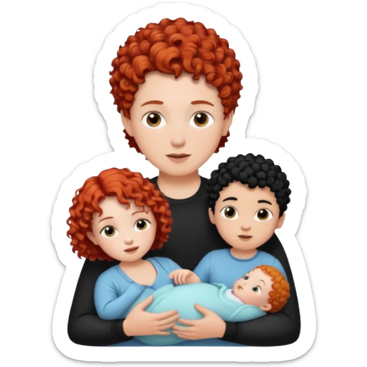 Create a picture of a family of three: a white woman with short, curly red hair, a white man with black hair, and a white baby girl with curly black hair. sticker