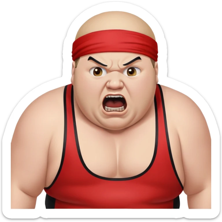 Extreme close-up of face of morbidly obese white skin guy with young face, prominent BLACK DURAG tied clearly on head, black beard but no mustache, clean shaven upper lip, black eyes in a red and black wrestling singlet with mouth wide open screaming angrily sticker