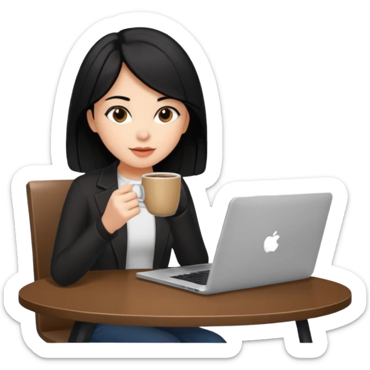 laptop and coffee are on the table. coffee is not on the laptop. the girl with medium-length black hair is drinking coffee. sticker