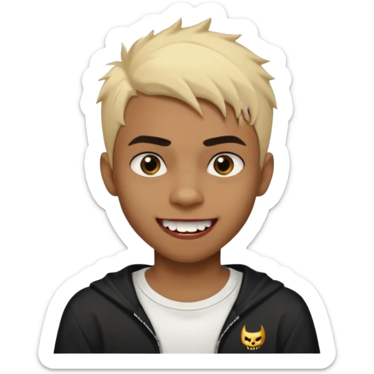 Black Male Teenager with Short punk messy blonde hair, Dark brown bushy eyebrows large expressive golden-brown eyes, wearing a plain white t-shirt, Dark Brown skin color. vampire tooth sticker