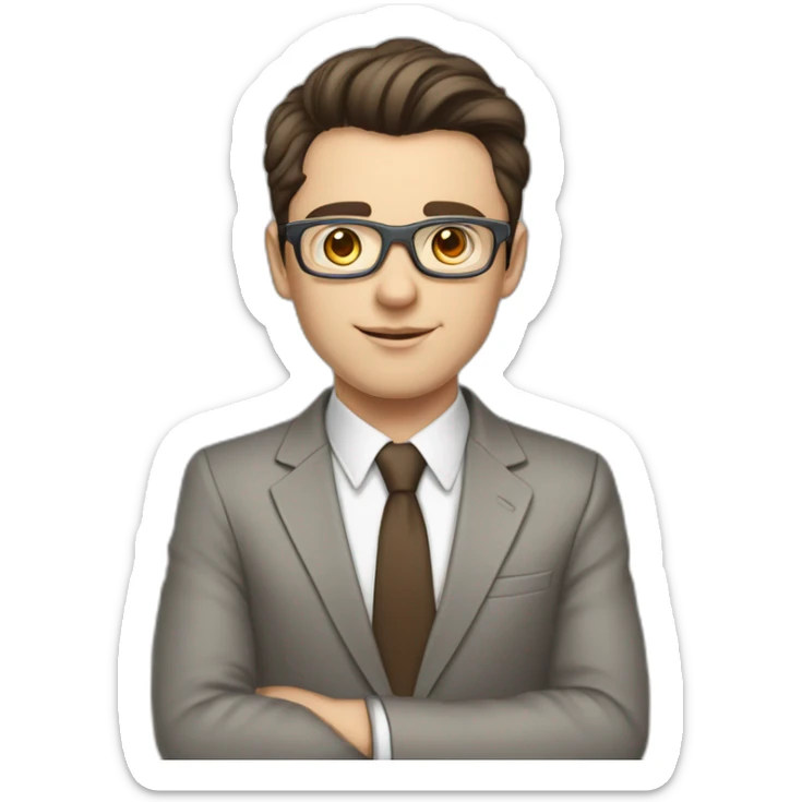 Pale skinned fit man with dark brown hair in gray jacket, beige office shirt, brown tie, brown pants and vintage glasses Writing text on a marker board sticker
