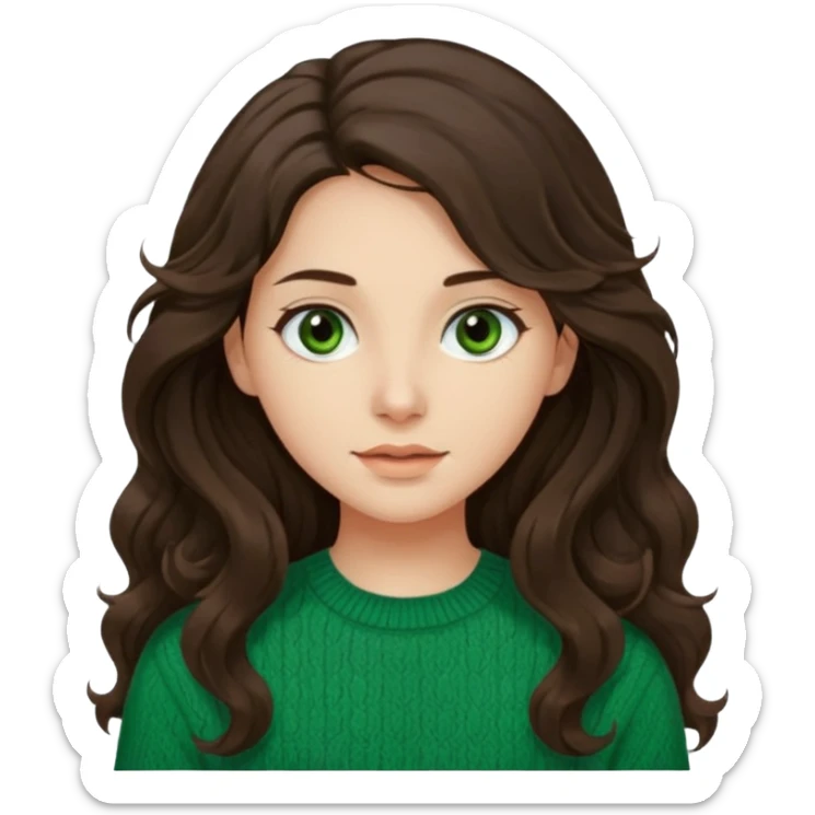 Una chica güera con pelo ondulado café oscuro largo ojos cafés oscuros y con un suéter o camisa veerde. El pelo hazlo un poco más largo, con los ojos cafés oscuros  sticker