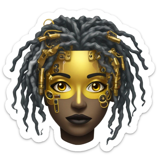 black metal female cyborg head with circuitry and yellow gold curly hair sticker