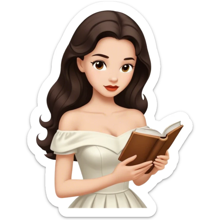 Beautiful woman in 1950’s woman fashion look, off-shoulder white dress, long dark brown hair, reading  sticker