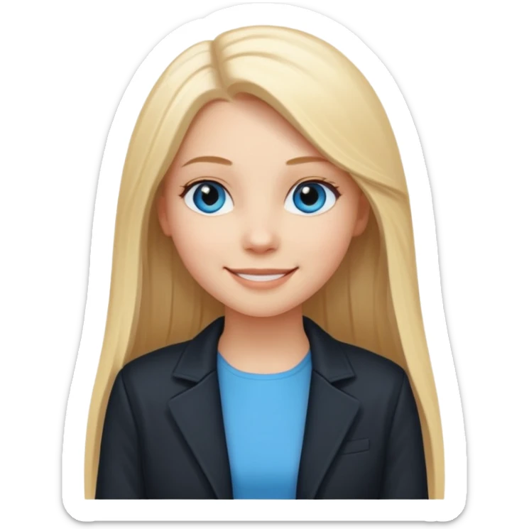 A white girl with long straight blonde hair, blue eyes and a white dress with a smiling black jacket sticker