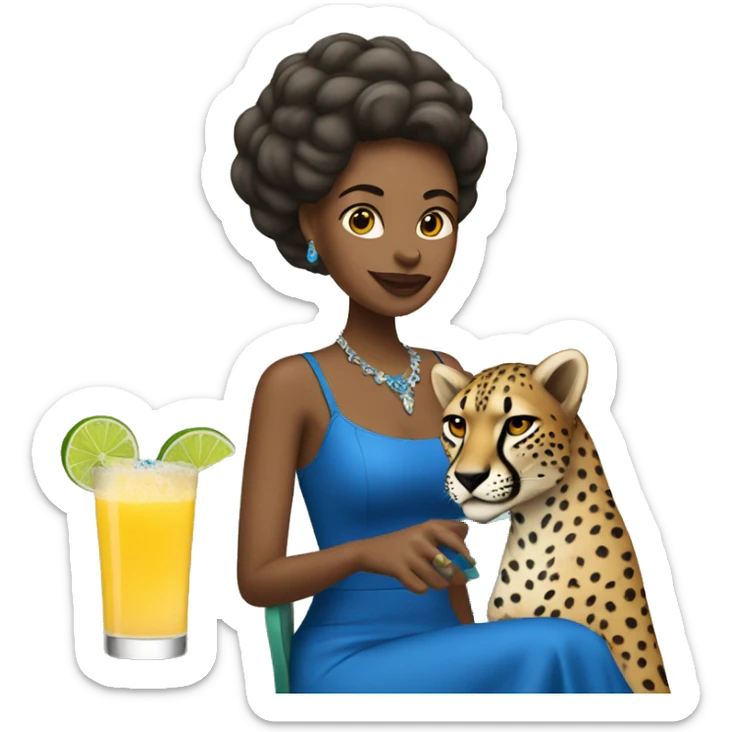 woman in blue dress drinking margarita with a cheetah logo  sticker