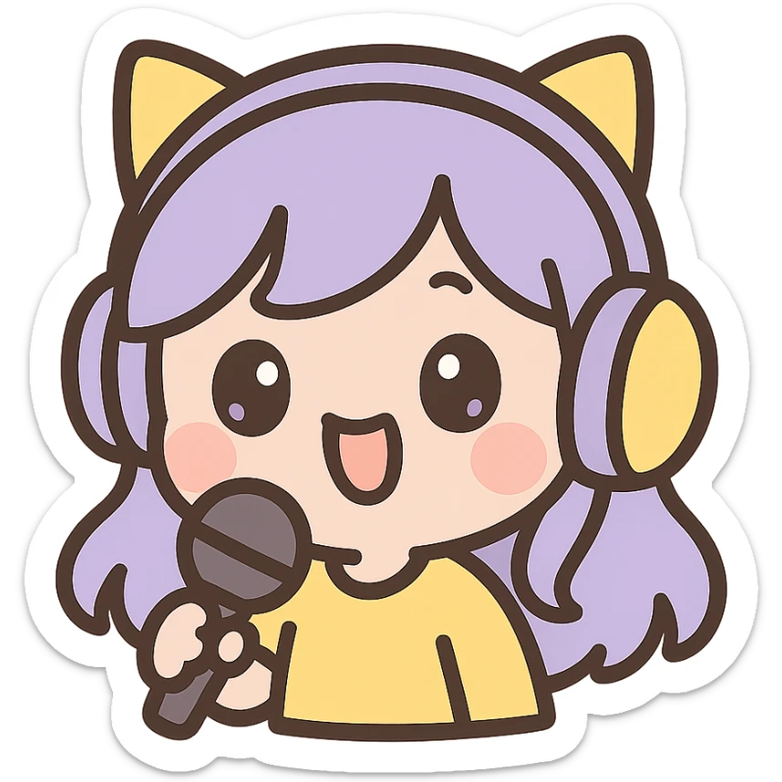 chibi-style streamer girl emoji, purple and yellow theme, holding a microphone, playful expression, cute details sticker