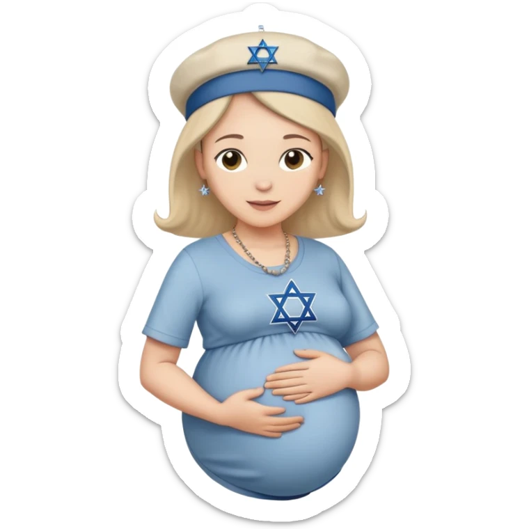 Pregnant Jewish person facing left with hands on belly, wearing a kippah and Star of David necklace sticker