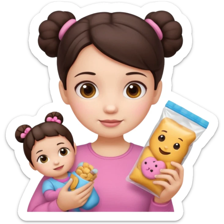 Cute small Toddler emoji with two small buns dark brown hair, fair skin, in pink top, holding toddler snacks & doll sticker