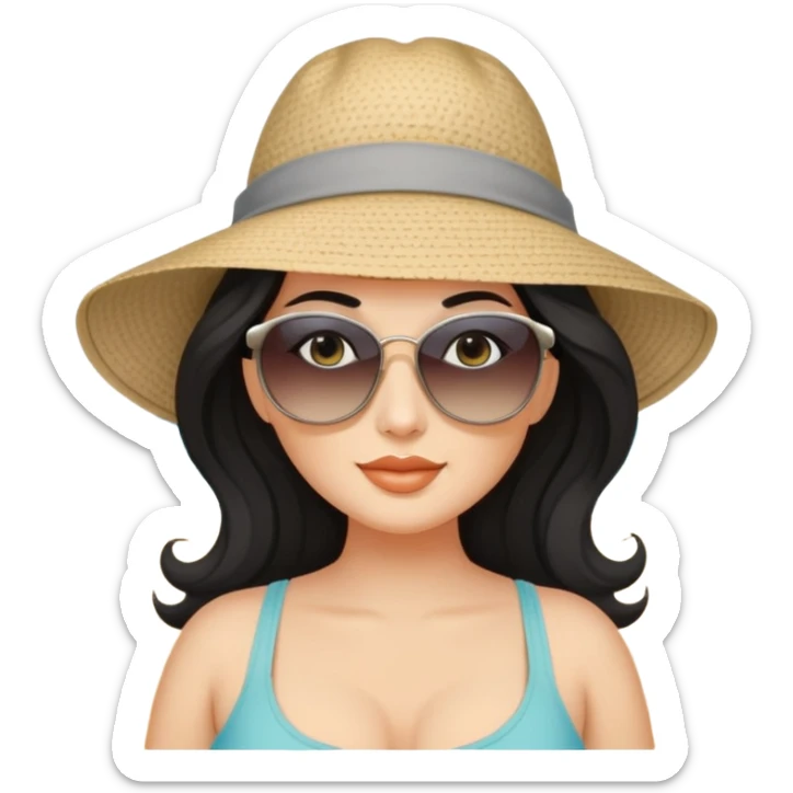 beautiful curvy woman with fair skin, long wavy black hair, and gray eyes at the beach sticker