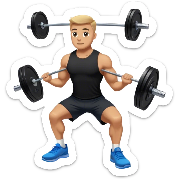tanned man black shorts black t shirt blue shoes barbell squats sticker