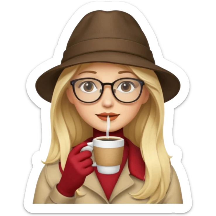 long hair blonde woman drink coffe with hat and glasses sticker